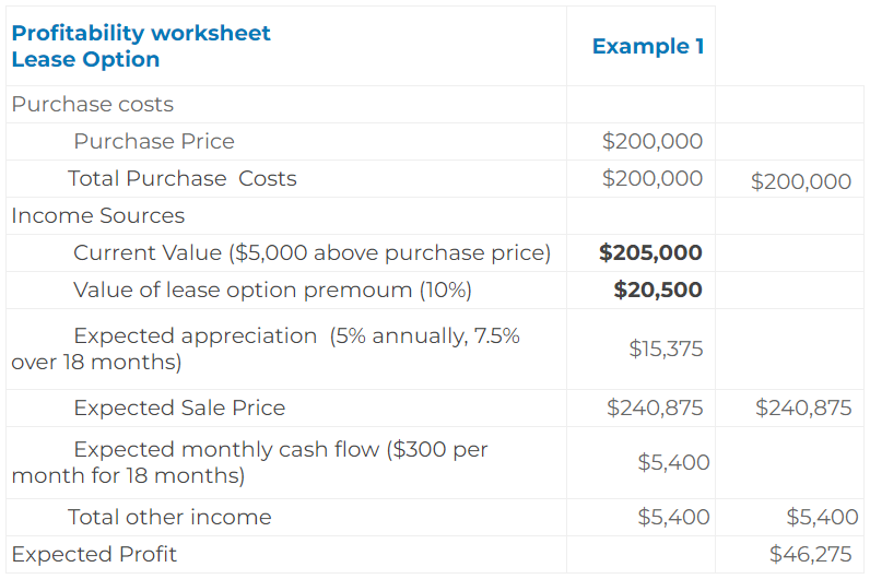 Profitability worksheet Lease Option - Example1