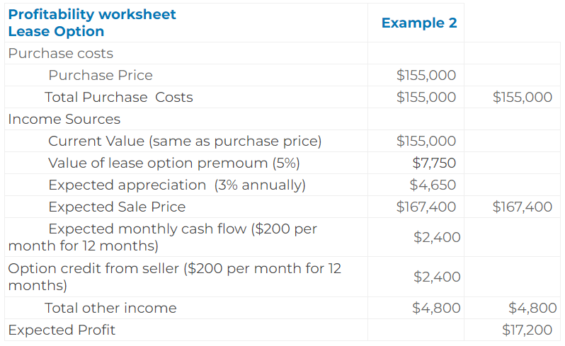 Profitability worksheet Lease Option - Example2